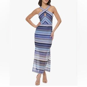 NWT GUESS Women's Crochet Lace Halter Maxi Dress Blue Size 10